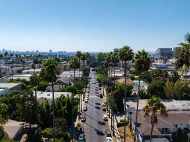 Havadan bakıldığında Hollywood, Los Angeles 'ta yüksek palmiye ağaçlarıyla çevrili bir yerleşim yeri görülüyor. Ufuk çizgisi açık mavi bir gökyüzünün altında görünür..