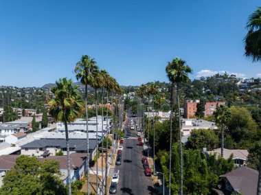 Hollywood, Los Angeles 'ta yüksek palmiye ağaçları olan bir caddenin havadan görünüşü. Hollywood Tepeleri ve konut binaları berrak mavi bir gökyüzünün altında görülebilir..