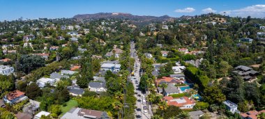 Hollywood, Los Angeles 'ta yemyeşil bir yerleşim bölgesinin havadan bakış açısı. Ağaçların arasında evler, palmiye çizgili bir yol ve Hollywood Tepeleri..