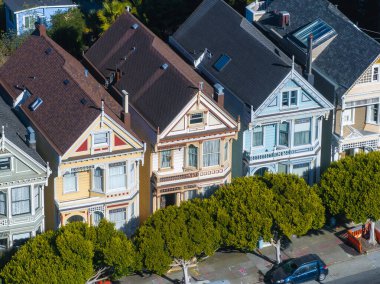 Renkli Hanımlar olarak bilinen bir dizi ikonik Viktorya dönemi evi, San Francisco 'daki yemyeşil ağaçlara karşı süslü detaylar ve pastel renkler içeriyor..