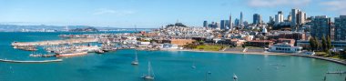 San Franciscos skyline features the Transamerica Pyramid, Salesforce Tower, and Bay Bridge. Historic ships and a parks greenery enhance the urban scene. clipart