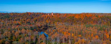 Aerial view of Sigulda, Latvia, featuring Turaida Castle surrounded by vibrant autumn trees. A winding river reflects the clear blue sky, enhancing the scene. clipart