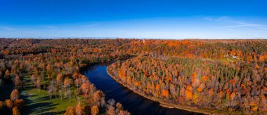 Sigulda 'nın sonbaharda canlı ormanları, Gauja Nehri ve Turaida Kalesi' ni gösteren hava manzarası. Ağaçlar turuncu, kırmızı ve sarı tonlarını sergiler..