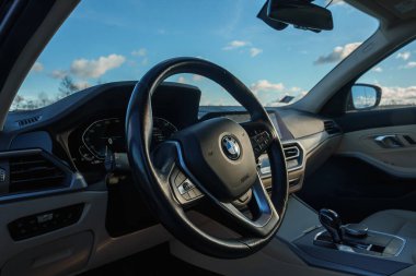 The image captures the BMW steering wheel with logo, modern dashboard with digital displays, and gear shift, all illuminated by natural daylight. clipart