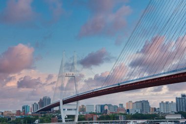 Yangpu Köprüsü, Çin 'in Şangay kentindeki Huangpu Nehri boyunca beyaz sütunlar ve kırmızı bir güverte ile uzanır. Ufuk çizgisinde modern gökdelenler ve eski binalar yer alıyor..