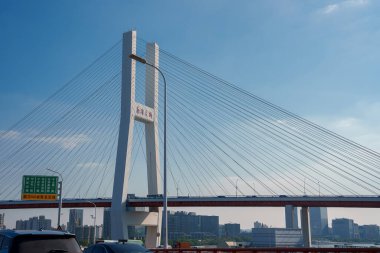 Çin 'in Şangay kentindeki Yangpu Köprüsü' nde, arka planda kentsel ufuk çizgisi ve modern binalar bulunan mavi gökyüzüne karşı uzun sütunlar ve kablolar bulunur..