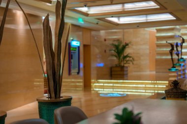 Görüntü, cilalanmış mermer zeminleri, modern ışıklandırması ve büyük saksı bitkisi olan sofistike bir iç mekan gösteriyor. Dekoratif elementler ortamı güçlendirir.