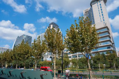 Shanghais gökdelenleri ve mavi gökyüzü altında yeşillikleri barındırır. Kırmızı bir araç aşağıdaki ağaçlık sokağa renk katar.