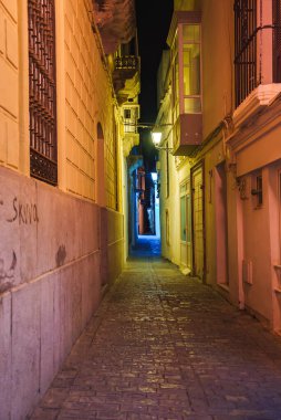 Tarifa, İspanya 'da bir kaldırım taşı geçidi, sıcak sokak lambaları, işlenmiş demir balkonlar ve ahşap panjurlar, derinlik ve atmosferik cazibe yaratıyor..