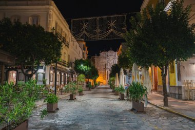 İspanya 'nın Tarifa kentindeki bir kaldırım taşı caddesi dekoratif ışıklarla aydınlatılıyor. Yeşillik caddeyi sarmış, tarihi bir binaya götürüyor..
