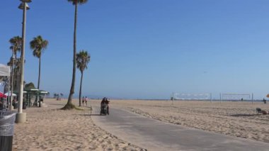 Venice Sahili 'nde palmiye ağaçlarıyla dolu bir patika boyunca bisiklet süren bir bisikletçi. Voleybol ağları kumun üzerine kurulmuş, arka planda açık bir gökyüzü ve okyanus var..