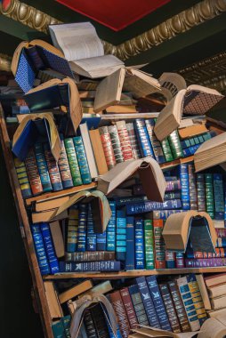 Kitaplar yaratıcı bir şekilde Los Angeles 'taki The Last Bookstore' da sergileniyor. Süslü tavan kalıpları eklektik atmosfere ekler.
