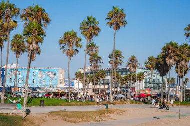 Uzun palmiye ağaçları, Los Angeles 'taki Venice Beach' te hareketli bir kaldırım iskelesi oluşturuyor. Renkli duvar resimleri, açık mavi gökyüzünün altındaki binaları süslüyor, canlı sahneyi canlandırıyor..