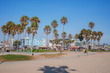 Los Angeles 'taki Venedik Plajı' nda uzun palmiye ağaçları, kumlu kıyılar ve renkli duvar resimleri bulunur. İnsanlar yürür ve bisiklet sürer, güneşli günün ve hayat dolu atmosferin tadını çıkarırlar..