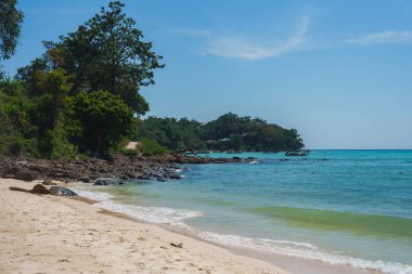 Phuket veya Koh Phi Phi, Tayland 'da sakin bir sahil, açık kum, turkuaz sular, yemyeşil ağaçlar, kayalık çıkıntılar ve mavi gökyüzü altında sakin bir deniz..