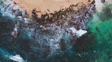 Hawaii 'deki Oahu adasındaki berrak turkuaz suyun altında görünen mercan resifleriyle kumlu bir kıyı şeridine düşen dalgaların hava görüntüsü..