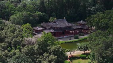 Hawaii, Oahu Adası Tapınağı 'ndaki Byodo' nun sakin hava manzarası. Geleneksel Japon mimarisi, kırmızı çiçekli ağaçlar ve sakin bir gölet..