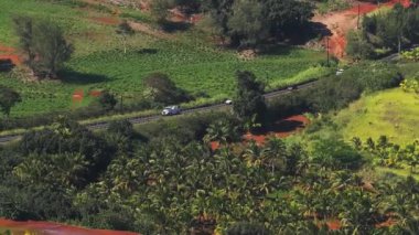 Hawaii 'de, Kauai Adası' nda, yoğun palmiye ağaçları, çimenli tarlalar ve hareket halindeki araçlarla çevrili kırmızı toprağın hava manzarası..