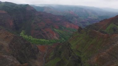 Hawaii, Kauai Adası 'ndaki Waimea Kanyonu' nun havadan görünüşü kırmızı ve yeşil uçurumlar, yemyeşil bitki örtüsü ve engebeli arazi üzerinde bulutlu bir gökyüzü gösteriyor..