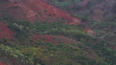 Hawaii 'deki Kauai adasındaki Napali uçurumlarının havadan görüntüsü, yavaş hareket ediyor. Kırmızı ve yeşil kanyon duvarlarını ve yemyeşil vadi bitkilerini renklendirir.