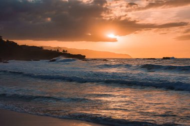 Sıcak turuncu bir günbatımı Hawaii sahilinin yakınındaki okyanus dalgalarını yansıtır. Siluetli palmiyeler, kayalık çıkıntılar ve uzakta dramatik bulutlar vardır..