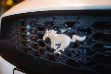 Bir Ford Mustang 'in ön ızgarasında siyah bal peteği arkaplanındaki dört nala giden at amblemini parlak metalik bir kaplama ile gösteriyor..