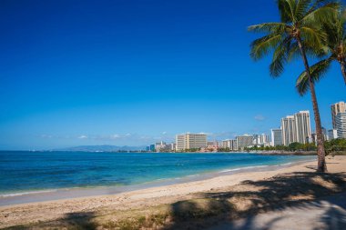 Honolulu, Oahu 'daki Waikiki Sahili' nde kumlu kıyılar, berrak mavi sular, modern yüksek oteller, palmiye ağaçları ve parlak mavi bir gökyüzü bulunur..