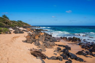 Dağınık volkanik kayaları, parlak mavi okyanus dalgaları, temiz ufuk ve Hawaii 'deki küçük tepelerde yeşil bitki örtüsü olan altın kumlu sahil..