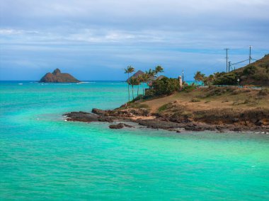 Turquoise waters, rocky shoreline, Mokoli'i Island, palm trees, a lighthouse, power lines, and a road under a partly cloudy sky in Oahu, Hawaii. clipart