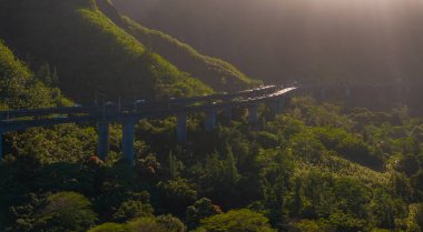 Scenic aerial view of a highway bridge on tall pillars cutting through lush tropical vegetation, with sunlight streaming through mist on Oahu island, Hawaii. clipart