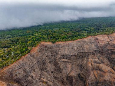 Dramatic aerial view of Waimea Canyons rugged cliffs on Kauai Island, Hawaii, with reddish brown textures, green forest, and misty low hanging clouds. clipart