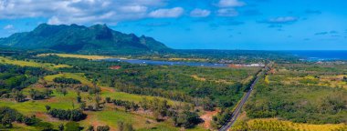 Hawaii 'deki Kauai Adası' nın havadan görünüşü yemyeşil tepeler, bir dağ sırası, düz bir yol, tarlalar, ağaçlar ve uzaktaki Pasifik Okyanusu 'nu gösteriyor..