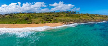 Aerial view of a golden sandy beach on Kauai Island, Hawaii, bordered by turquoise waters and lush greenery, with scattered trees and distant buildings. clipart