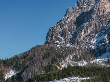 Karlı uçurumları olan engebeli bir dağ sık yeşil ormanların üzerinde yükseliyor. Çıplak ağaçlar ve açık mavi gökyüzü Braies Gölü bölgesindeki kış manzarasını ön plana çıkarıyor..