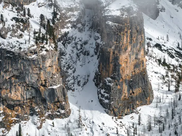 Karla kaplı kayalık kayalıklar ve çıplak kaya yüzeyleri, seyrek yemyeşil ve sis, İtalya 'nın Dolomitler şehrinde sakin bir kış manzarası yaratır..