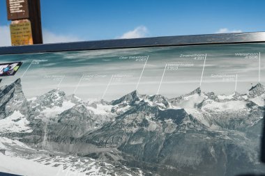 İsviçre, Zermatt yakınlarındaki panoramik ekran panosu Weisshorn ve Zinalrothorn gibi kar kaplı dağlar ve buzullarla etiketlenmiş zirveleri gösteriyor..