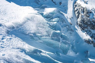 İsviçre 'nin Zermatt yakınlarındaki bir buzulun detaylı bir görüntüsü. Mavi buz oluşumları, kar kaplı yüzeyler, pürüzlü yarıklar ve kayalık çıkıntılar..