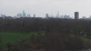 Çömlek, Londra Gözü ve Şehir Gökdelenleri 'nin yer aldığı Londra' nın hava manzarası. Yolları ve ağaçları olan büyük bir park bulutlu bir gökyüzünün altında görünür..