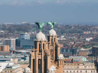 Liverpool 'un saat kuleleri ve karaciğer kuşları ile Karaciğer Binası' nı aydınlatan hava manzarası şehir manzarası ve açık gökyüzü üzerine kurulmuştur..