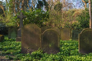 Liverpool 'da ağaçlar ve yeşilliklerle çevrili sakin bir mezarlık. Yıpranmış mezar taşları, çapraz dizaynlı olanlar da dahil, sakin bir ortamda otururlar..