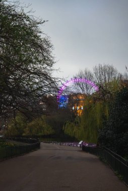 Londra 'da ağaçlar ve yeşilliklerle çevrili sakin bir park yolu. Gece karanlığında mor ve mavi renkte parlayan Londra Gözü..