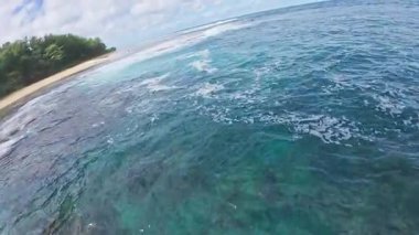 Yeşil dağlar ve ormanla çevrili bir Hawaii plajının havadan bakış açısı. Turkuaz okyanus dalgaları, bir insan kıyıda yürürken usulca hareket eder..