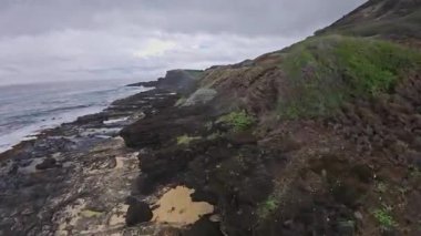 Turkuaz okyanus dalgaları, arka planda yemyeşil tepeler ve seyrek palmiye ağaçları olan kumlu bir sahil yakınındaki siyah volkanik kayalara çarpar..