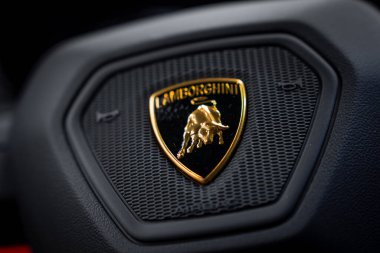 Lamborghini logosu altın bir boğa ve harf siyah bir direksiyon üzerinde sergileniyor. Yapılandırılmış arkaplan amblemin detaylarını geliştirir.