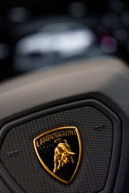 Lamborghini logosu siyah bir kalkanda altın bir boğa ile desenli bir direksiyonda sergilenir. Arabanın iç tarafında bulanık bir arka plan var..