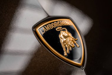 Lamborghini logosu, altın aksanlı siyah bir kalkanda altın bir boğa, açık renk yansımalı parlak, koyu renk bir araba kaputu üzerine kuruludur..