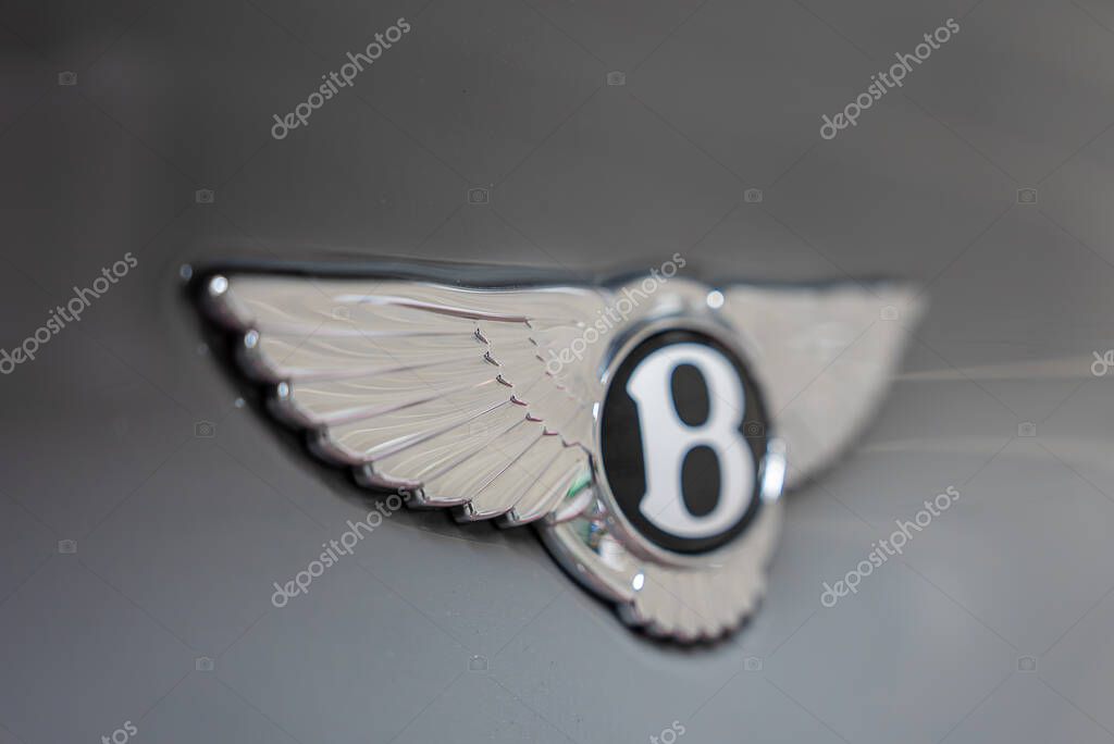 Detailed view of the Bentley logo featuring a silver winged emblem and black circle with the letter B, set against a reflective gray vehicle surface.