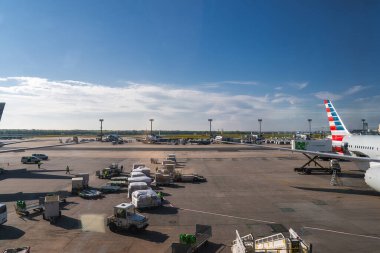 Frankfurt Havaalanı 'ndaki pistte kırmızı, beyaz ve mavi çizgili kuyruklu bir uçak. İşçiler, araçlar ve ekipmanlar açık mavi gökyüzü altında kargo taşıyorlar..