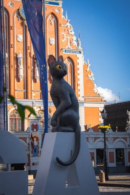 Riga 'nın eski kasabası Letonya' da, Siyahların Evi 'nin süslü kırmızı tuğla cephesine karşı duran sarı gözlü gri akıntılı kedi heykeli..