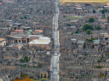 İtalya 'daki Pompei harabelerinin havadan görünüşü, merkezi taşla döşenmiş bir sokak, şehir yerleşimi gibi ızgaralar, korunmuş yapılar ve çevreleyen yeşillikler.